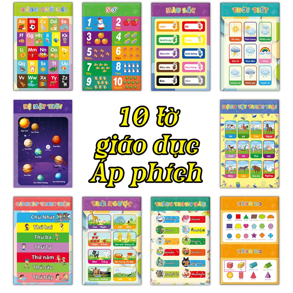 Áp Phích Gấp Bảng Xếp Hạng Cho Trẻ- 10 chủ đề- tranh dán giúp trẻ phát triển IQ（Tiếng Việt/English-10 Pcs)