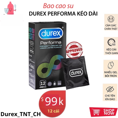 Bao cao su DUREX PERFORMA (12bao/hộp). Bao cao su kéo dài thời gian quan hệ, chống xuất tinh sớm. -'Che tên kín đáo'