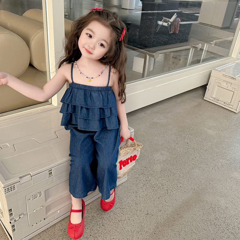 Bộ Áo Denim Hai Dây + Quần Ống Rộng Thời Trang Mùa Hè 2023 Phong Cách Mới Cho Bé Gái