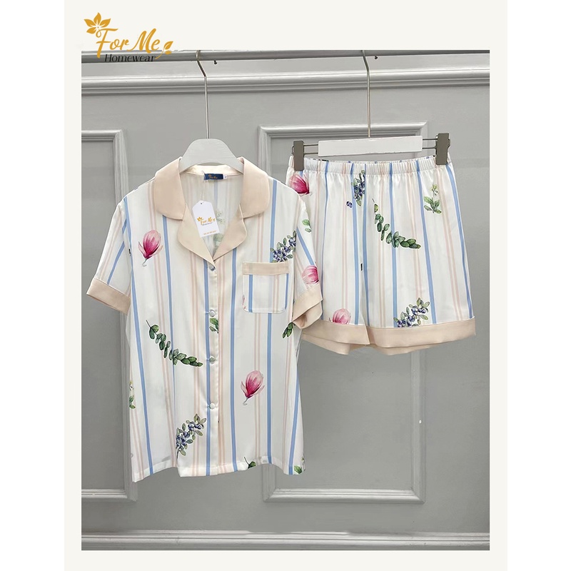 BỘ LỤA NGẮN TAY QUẦN ĐÙI SỌC HOA 09, FORME PIJAMA