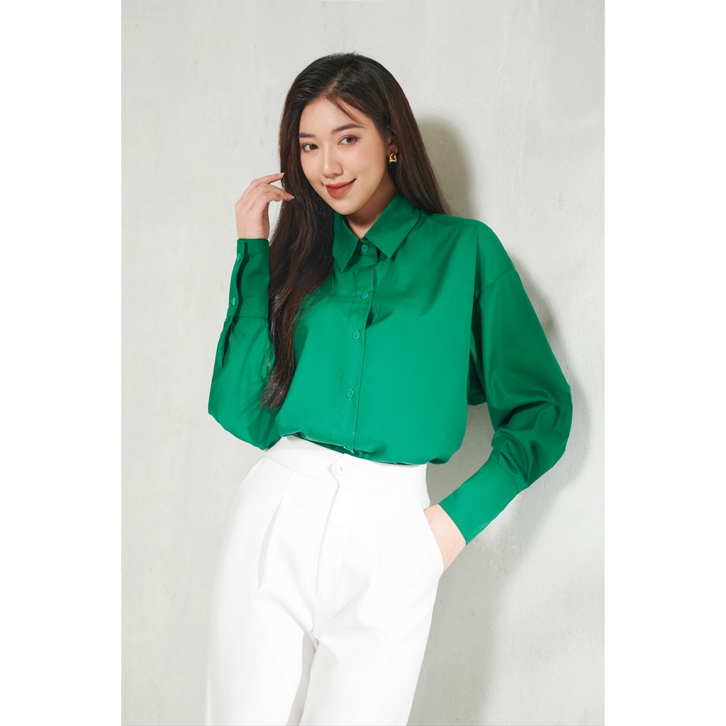 Áo sơ mi nữ dài tay dáng oversized xanh lá cây_MAIIMER T25102OFT