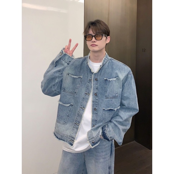 Áo Khoác Bò 4 Túi Giả Viền Áo Tua Rua Unisex