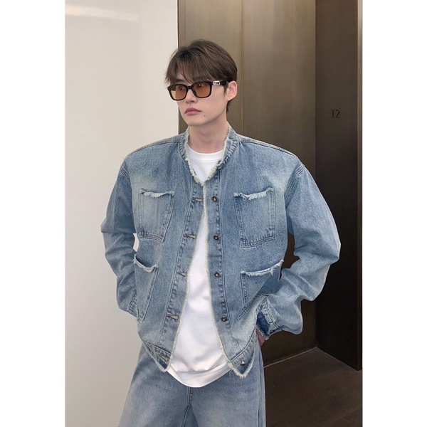 Áo Khoác Bò 4 Túi Giả Viền Áo Tua Rua Unisex