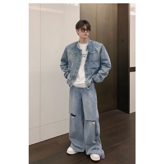 Áo Khoác Bò 4 Túi Giả Viền Áo Tua Rua Unisex
