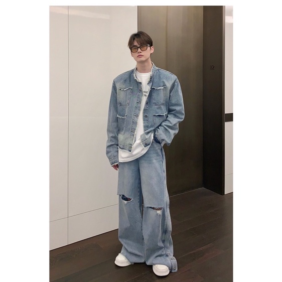 Áo Khoác Bò 4 Túi Giả Viền Áo Tua Rua Unisex
