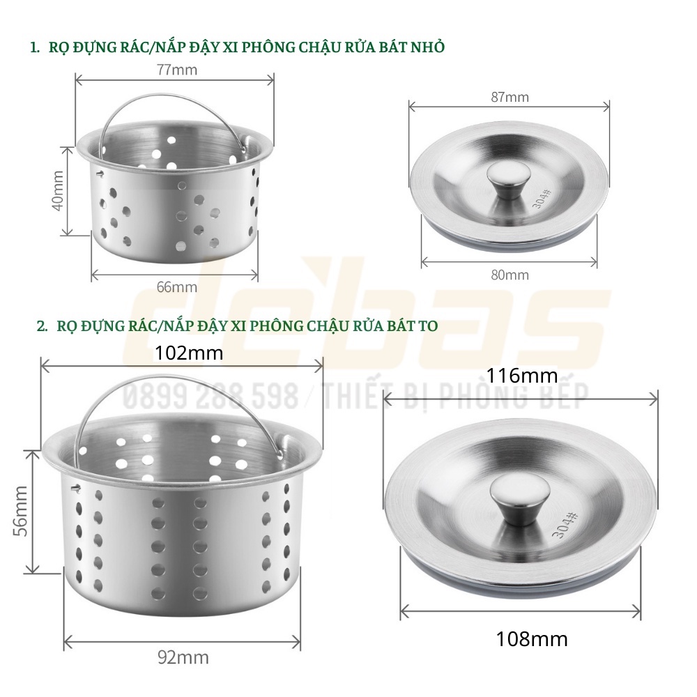 Bộ giỏ lọc rác nắp đậy bồn rửa bát INOX SUS304 rổ giỏ lọc rác gác bồn rửa Debas [PHỤ KIỆN]