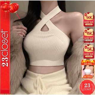 Áo len croptop cổ yếm đắp chéo