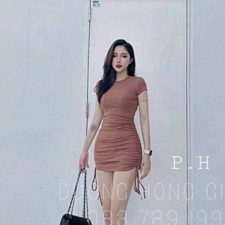 Đầm body cổ tròn nhún dây rút trơn