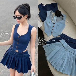 ĐẦM SET ÁO CROPTOP GILE DENIM JEANS + CHÂN VÁY NGẮN XẾP LY XÒE ĐI TIỆC ĐI CHƠI DẠO PHỐ ĐI BIỂN
