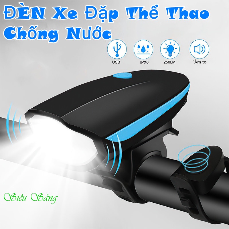 Đèn xe đạp thể thao, Đèn pin sạc có còi chống nước siêu sáng cho xe đạp-Chống nước, tiếng còi siêu vang.