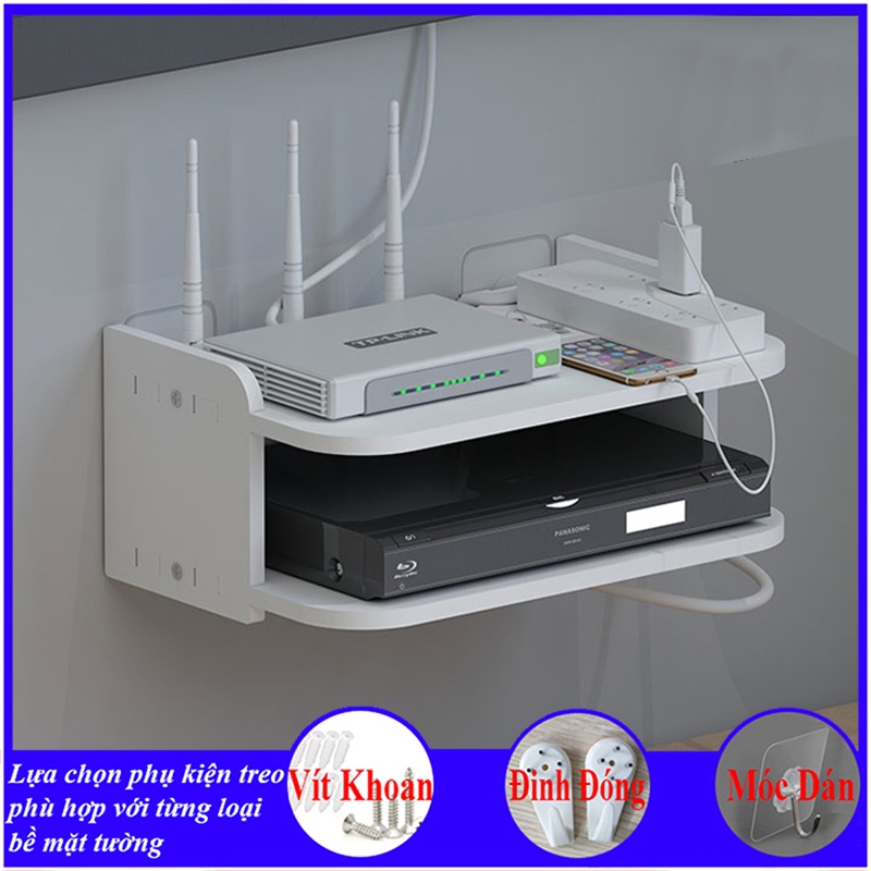 Kệ wifi treo tường, Kệ gắn tường không cần khoan, chất liệu gỗ cao cấp, decor không gian sống