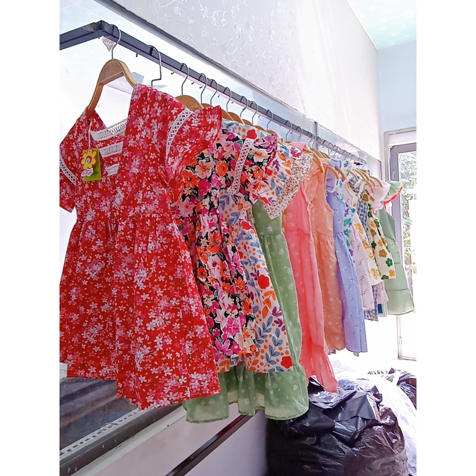 Đầm kate hoa nhí phối nơ sau cho bé gái 1-12 tuổi vải kate họa tiết phong cách đầm vintage Hàn Quốc thoáng mát, mềm mịn