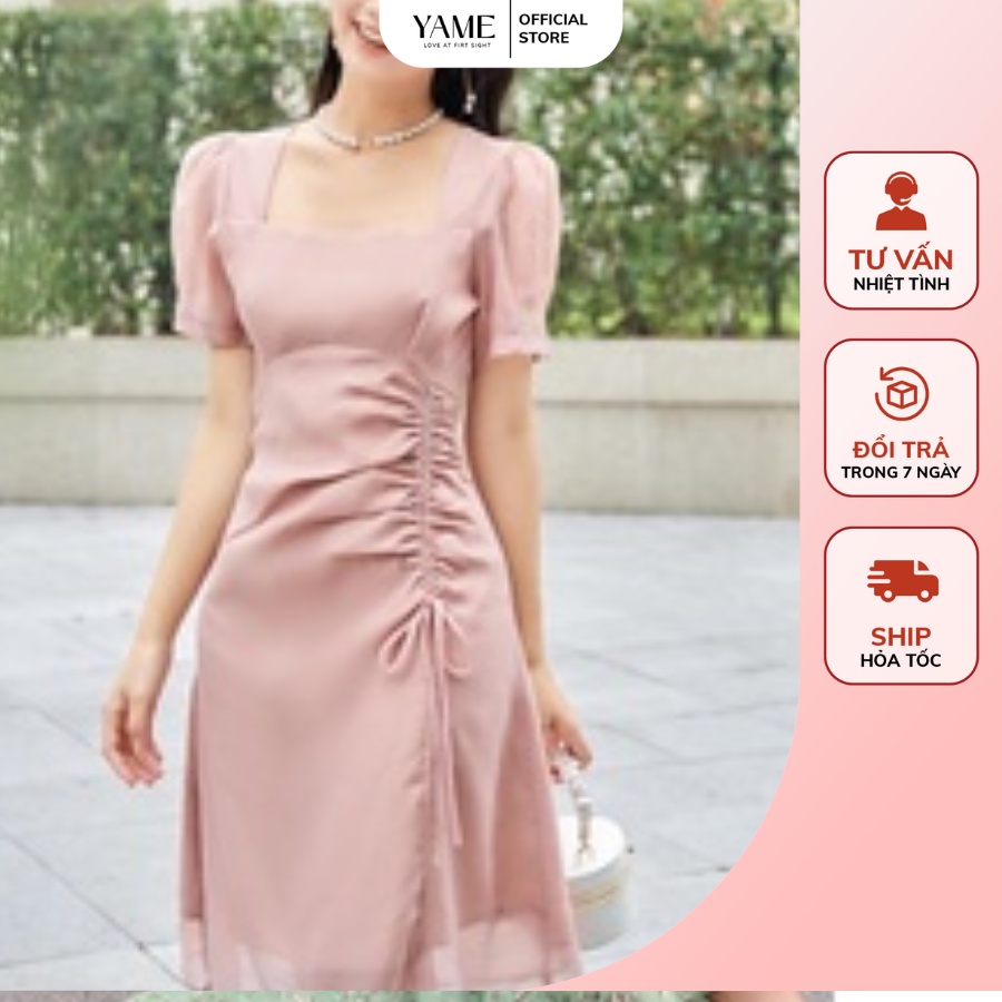 Váy cổ vuông công sở dây rút hồng cổ vuông nhún eoYAME