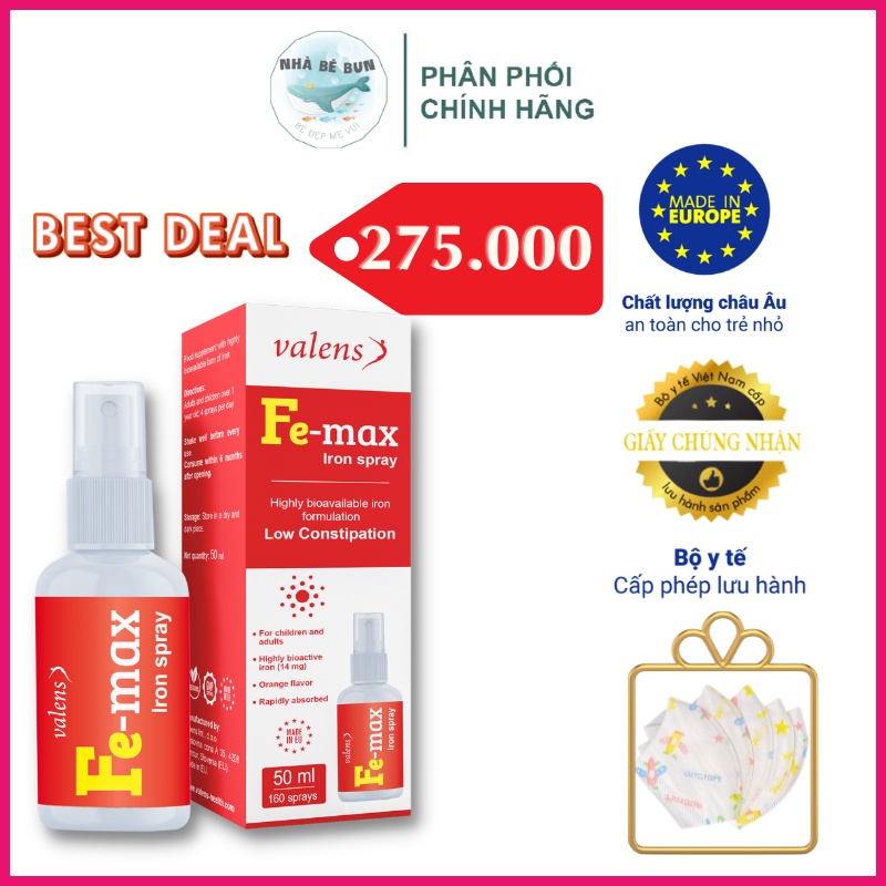 (Chính Hãng + Mã Giảm 20k) Sắt Xịt Femax Iron Spray Cung Cấp Sắt Cho Bé, Fe-max Hỗ Trợ Tạo Máu, Ngừa Thiếu Máu Do T
