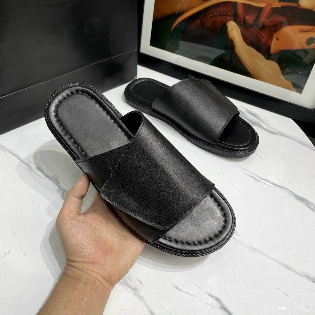 Dép Da Nam DECEMBER Da Bò Đế Khâu Quai Ngang Dán Thời Trang