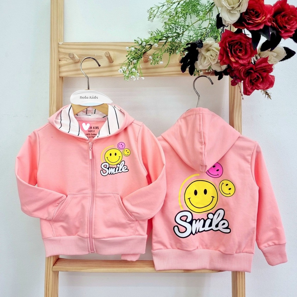 áo khoác bé gái họa tiết mặt cười xinh xắn chất da cá cotton dày dặn mềm mịn mát thấm hút mồ hôi tốt nặng từ 10kg-40kg