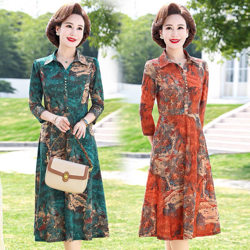 CÓ SẴN, 48-80KG Đầm trung niên tặng mẹ tay dài co giãn siêu thoải mái, váy trung niên dự tiệc, váy trung niên cổ polo