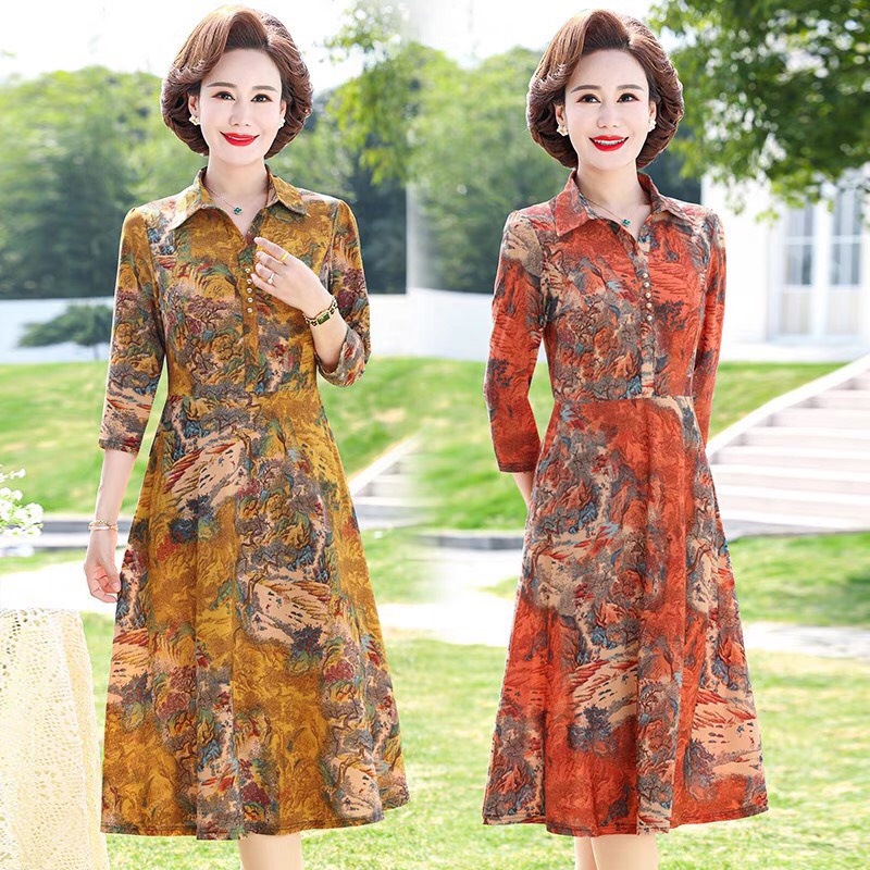 CÓ SẴN, 48-80KG Đầm trung niên tặng mẹ tay dài co giãn siêu thoải mái, váy trung niên dự tiệc, váy trung niên cổ polo