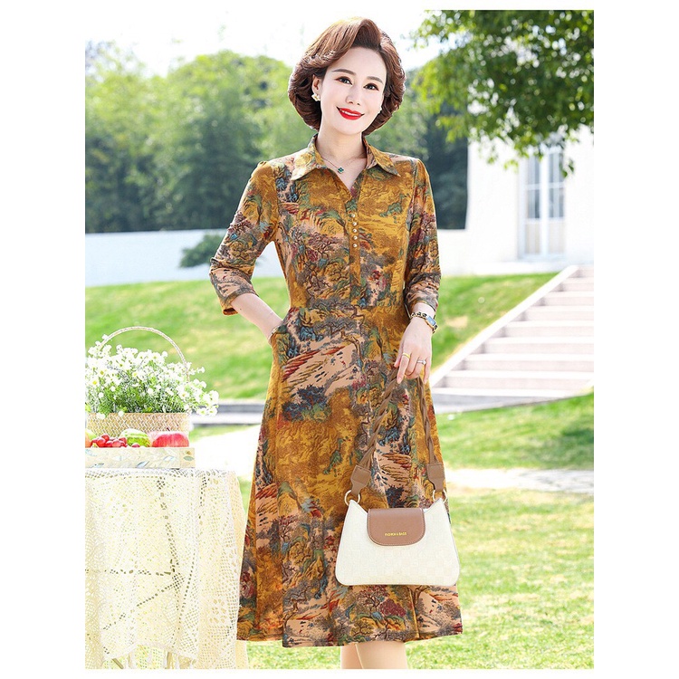 CÓ SẴN, 48-80KG Đầm trung niên tặng mẹ tay dài co giãn siêu thoải mái, váy trung niên dự tiệc, váy trung niên cổ polo