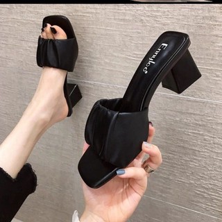 Guốc cao gót size 35-43 mã cgg10 quai nhún cao 4cm có 2 màu đen trắng thời trang 2023