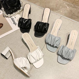 Guốc cao gót size 35-43 mã gng10 quai nhún cao 4cm có 2 màu đen trắng thời trang 2023