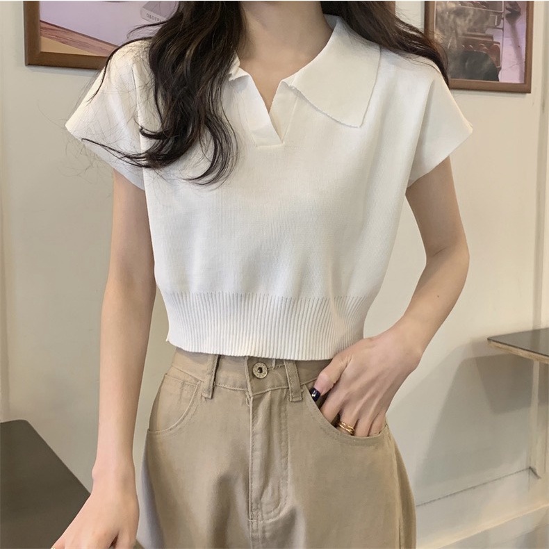 Áo len cộc tay kiểu croptop cổ bè dáng ngắn DELIZ nhiều màu kiểu dáng basic cá tính | BigBuy360 - bigbuy360.vn