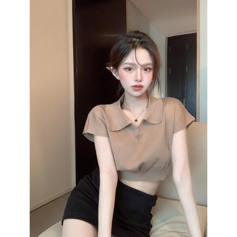 Áo len cộc tay kiểu croptop cổ bè dáng ngắn DELIZ nhiều màu kiểu dáng basic cá tính