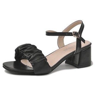 Giày Sandal Cao Gót PTS58 Cao 4cm 2 màu đen trắng Phối Xếp Ly Xinh Xắn