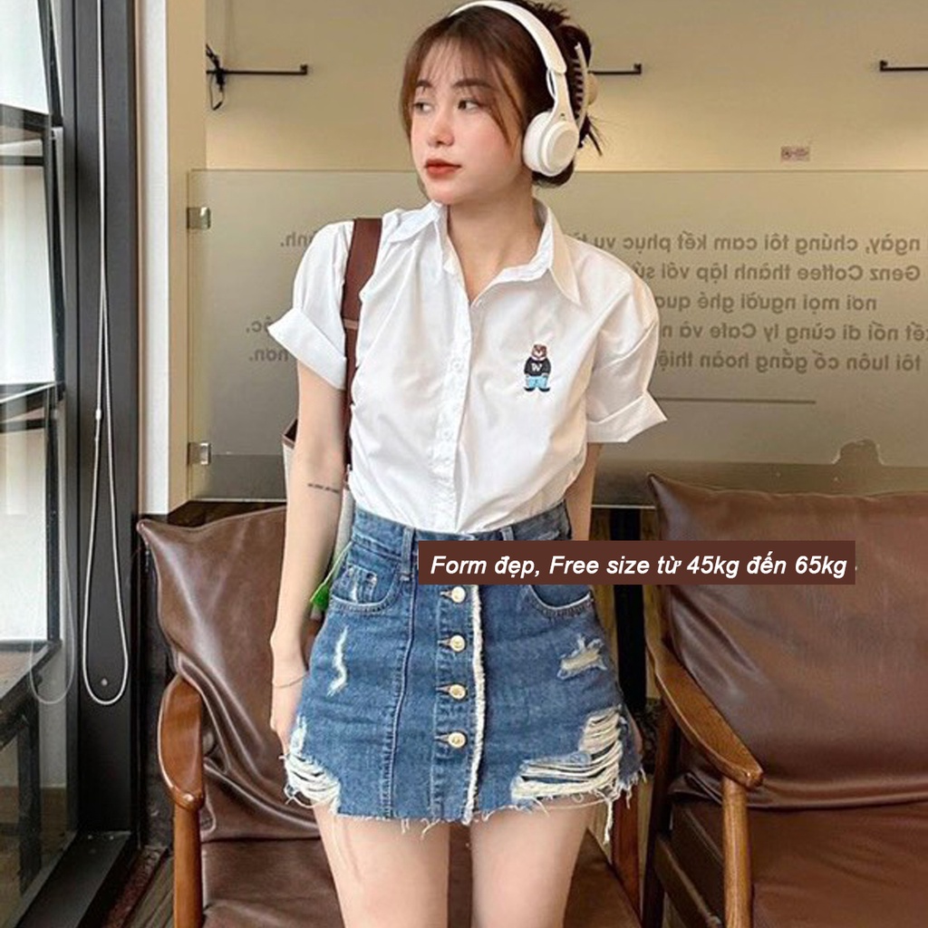 Áo sơ mi nữ trắng tay ngắn Tina form rộng bigsize thêu hình gấu
