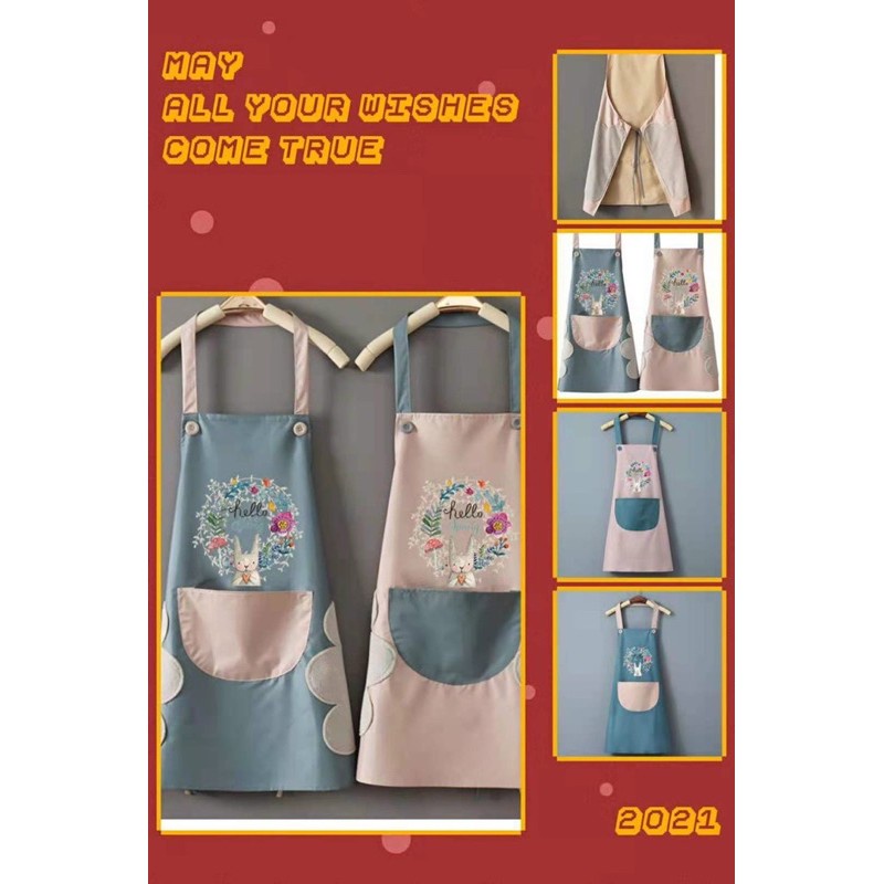 Tạp Dề Hoa Thỏ Chống Thấm Nước Có Chỗ Lau Tay