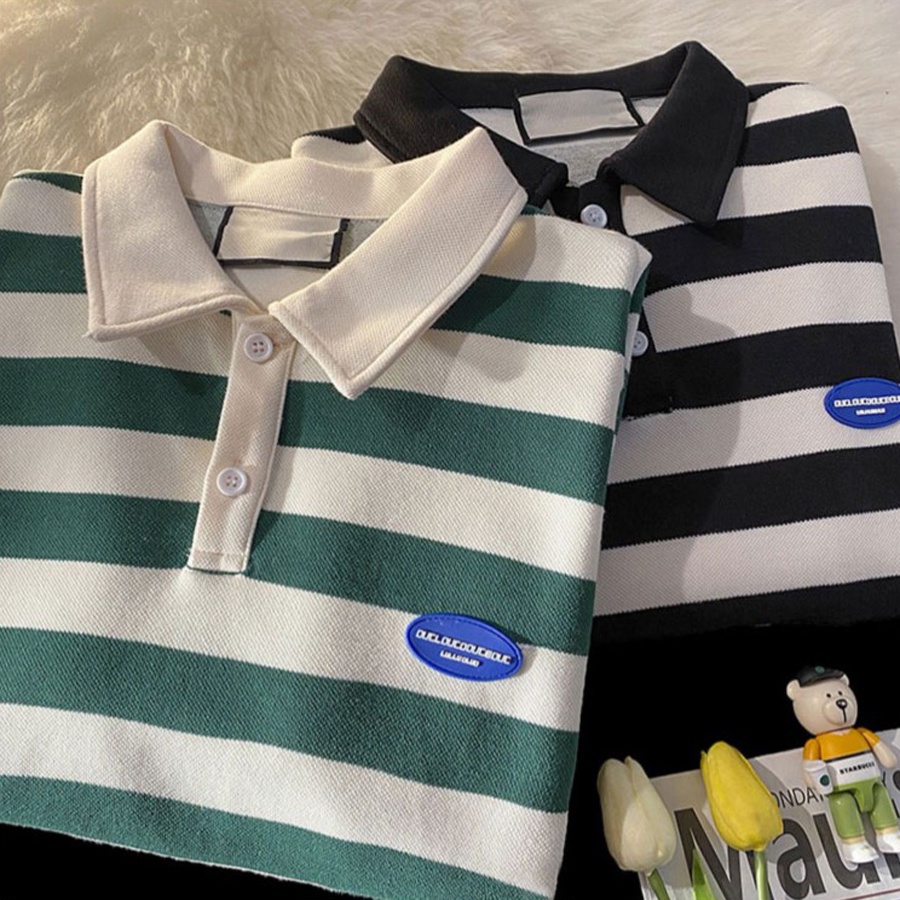 Áo Polo Nam Nữ Phối Sọc Ngang, Áo Thun Có Cổ Form Rộng Tay Lỡ Unisex Trẻ Trung Chất Liệu Cotton Cá Sấu Mềm | BigBuy360 - bigbuy360.vn