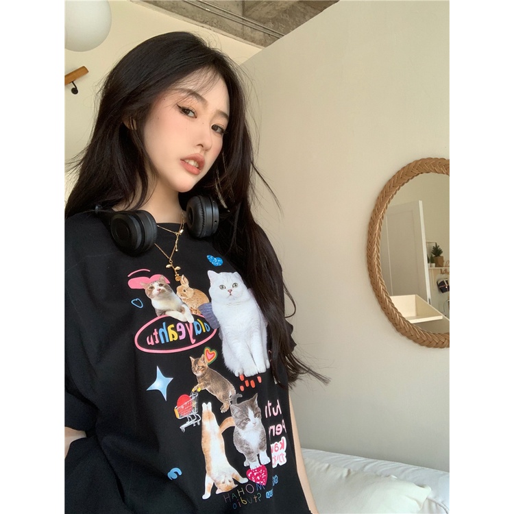 Áo Thun Tay Ngắn Dáng Rộng In Hình Cô Gái Và Chú Mèo Dễ Thương Phong Cách Hàn Quốc Thời Trang Cho Nữ