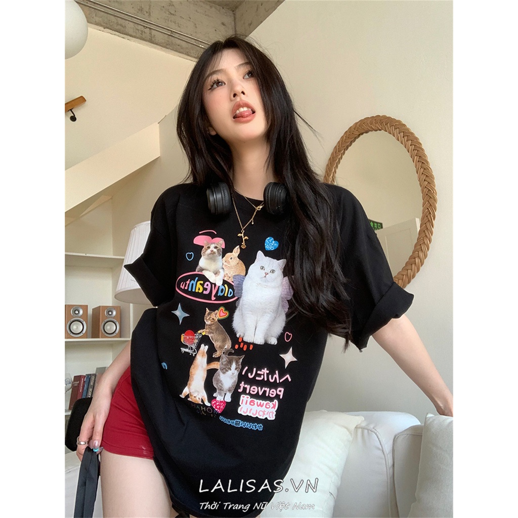 Áo Thun Tay Ngắn Dáng Rộng In Hình Cô Gái Và Chú Mèo Dễ Thương Phong Cách Hàn Quốc Thời Trang Cho Nữ