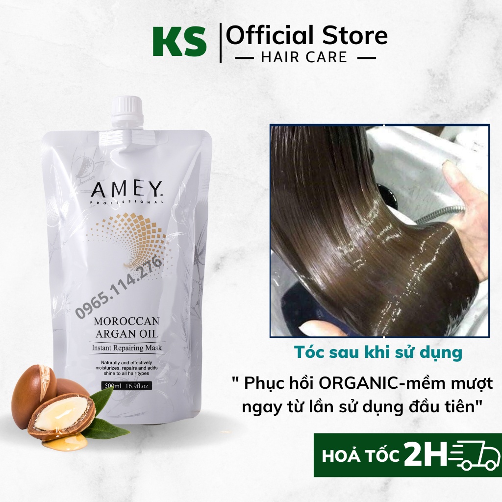 Kem Ủ tóc collagen phục hồi tóc hư tổn siêu mềm mượt, dưỡng tóc khô xơ tẩy nhuộm Amey Moroccan Organic 500ml- Tặng mũ ủ