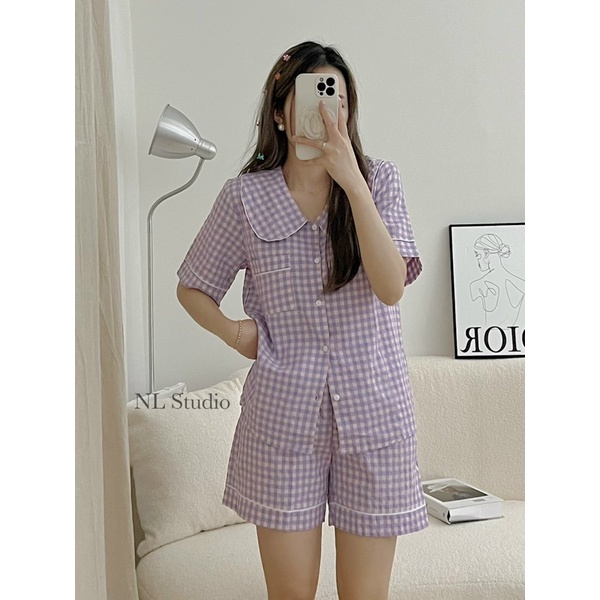 pijama vải đùi đũi caro cổ sen, cổ vest
