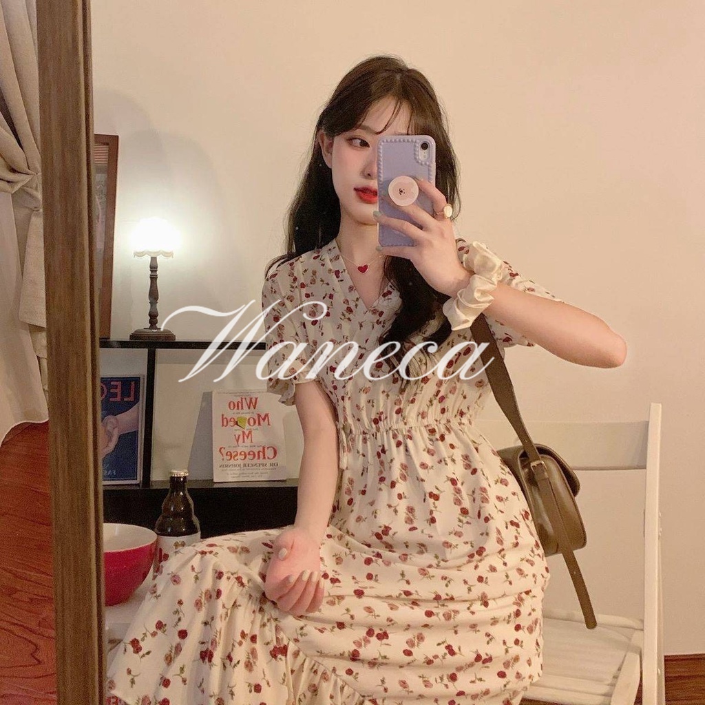 Waneca Đầm Dáng Rộng Chiết Eo In Họa Tiết Hoa Thời Trang Mùa Hè Pháp Ngọt Ngào Xinh Xắn Cho Nữ