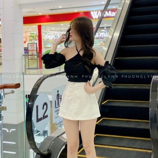 Áo kiểu nữ trễ vai tay phồngi,áo kiểu cổ yếm , áo thun croptop phối chéo cổ yếm pla154-shop phuong lynh