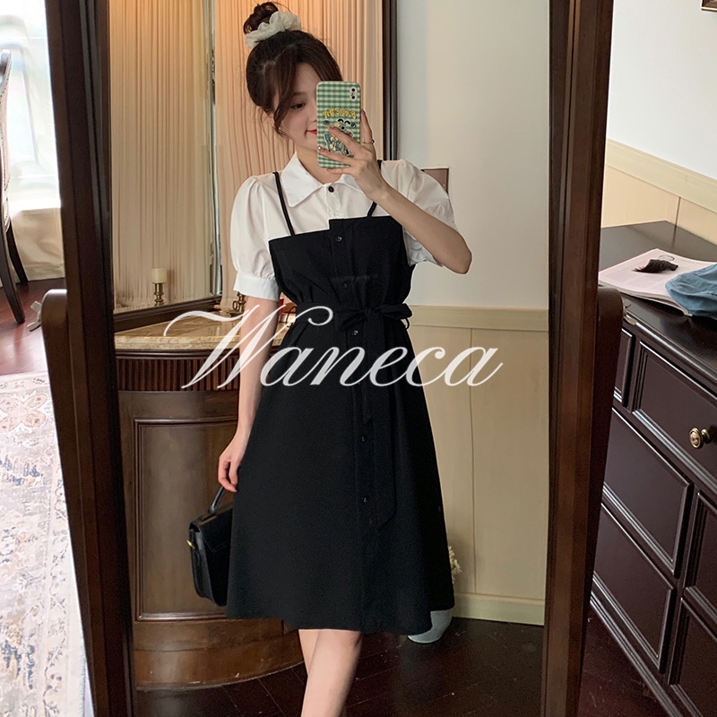 Waneca Đầm Sơ Mi Giả Hai Mảnh Phối Ren Màu Trắng Đen Phong Cách Hàn Quốc Thời Trang Xuân Hè Cho Nữ