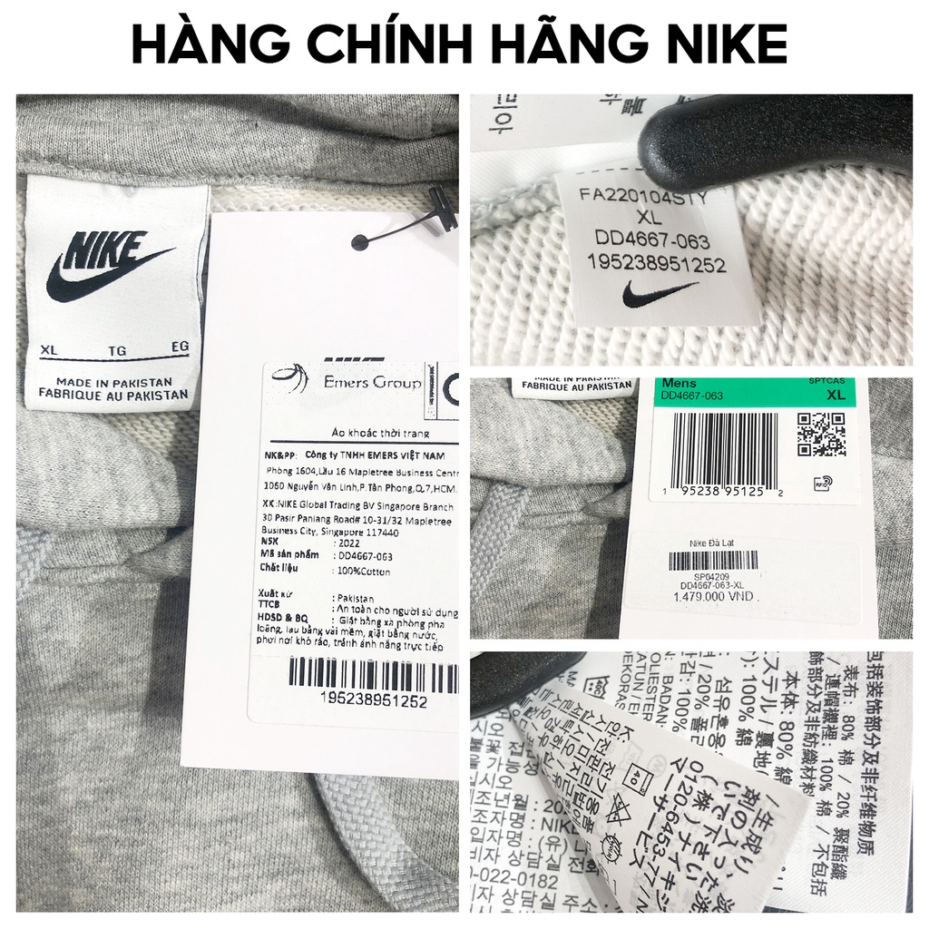 Áo hoodie thời trang nam Nike DD4667-063 Áo nỉ có mũ màu xám, kiểu dáng thể thao