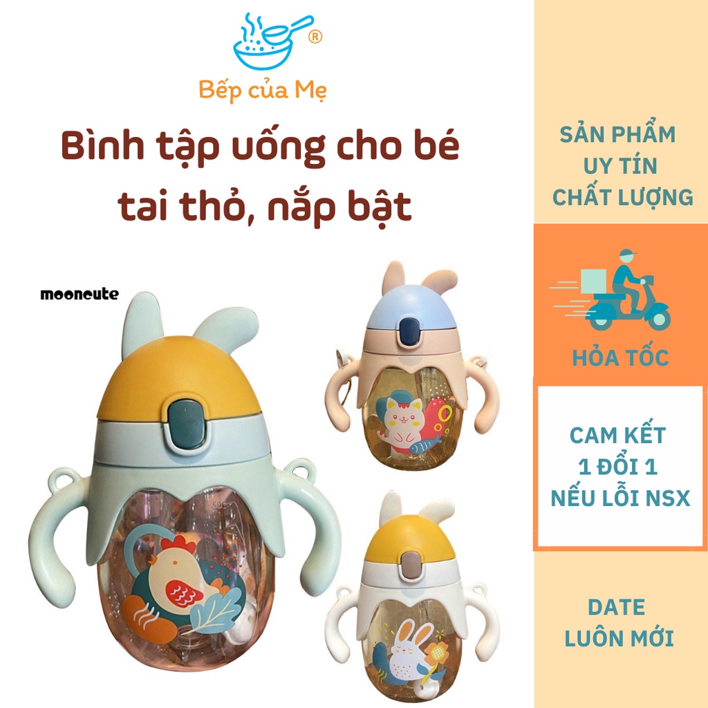 Bình tập uống cho bé tai thỏ dễ thương có dây đeo chéo, ống hút silicone mềm, Shop Bếp Của Mẹ