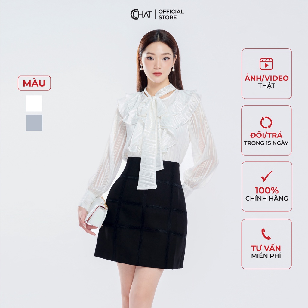 Áo Sơ Mi Nữ CCHAT Vai Bèo Cổ Buộc Nơ Chất Liệu Voan Cao Cấp 13FDV7003ST