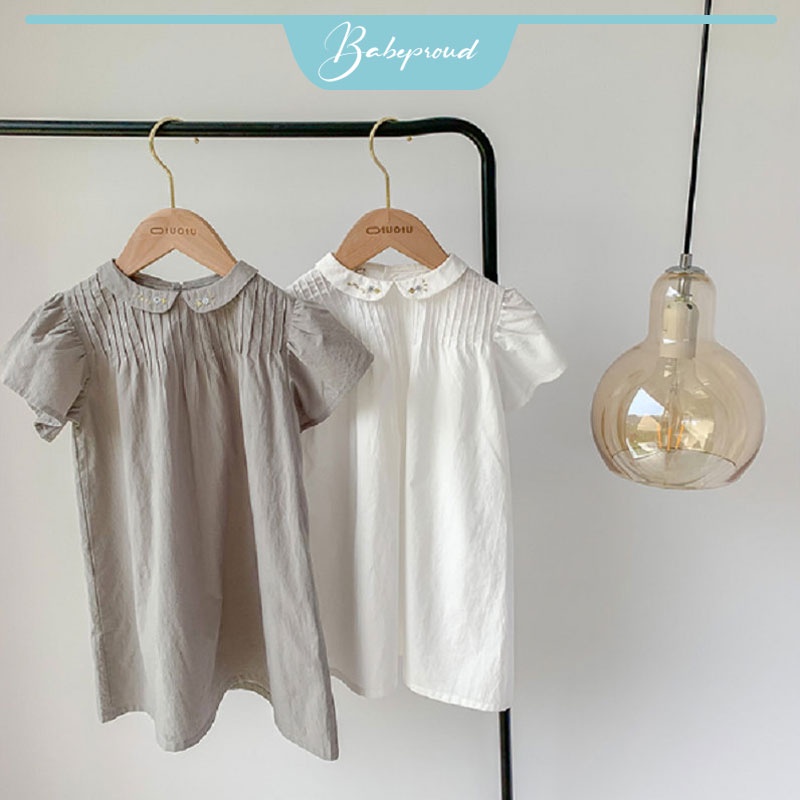 BABEPROUD Đầm Tay Ngắn Cổ Búp Bê Thêu Họa Tiết Đơn Giản Thoải Mái Phong Cách Hàn Quốc Cho Bé Gái 1-6 Tuổi