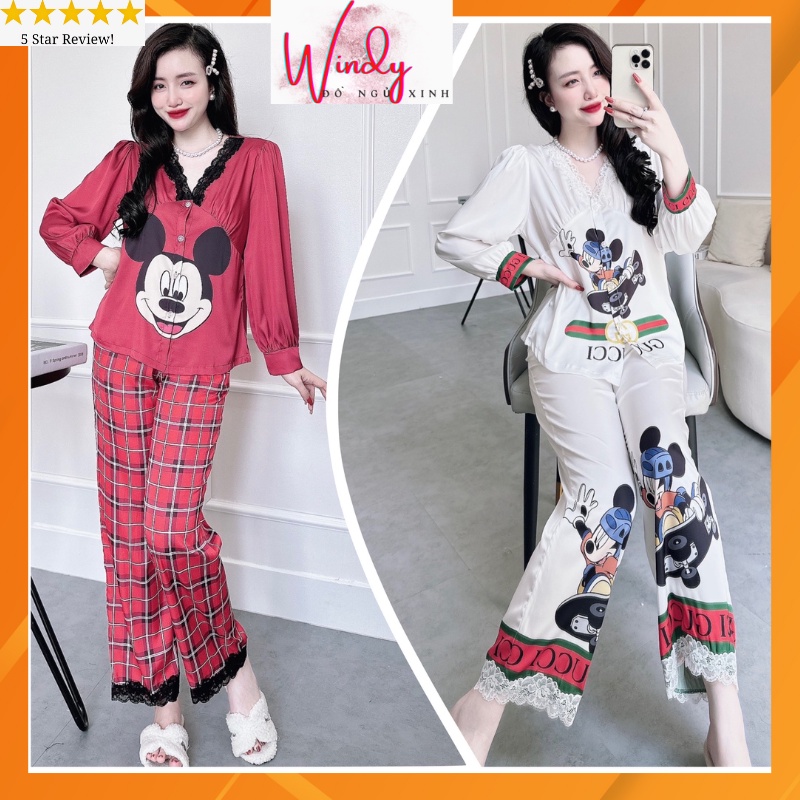 Đồ bộ mặc nhà Pijama tiểu thư, đồ ngủ nữ lụa latin tay dài mềm mịn mát Freesize dưới 60kg WINDY BOUTIQUE