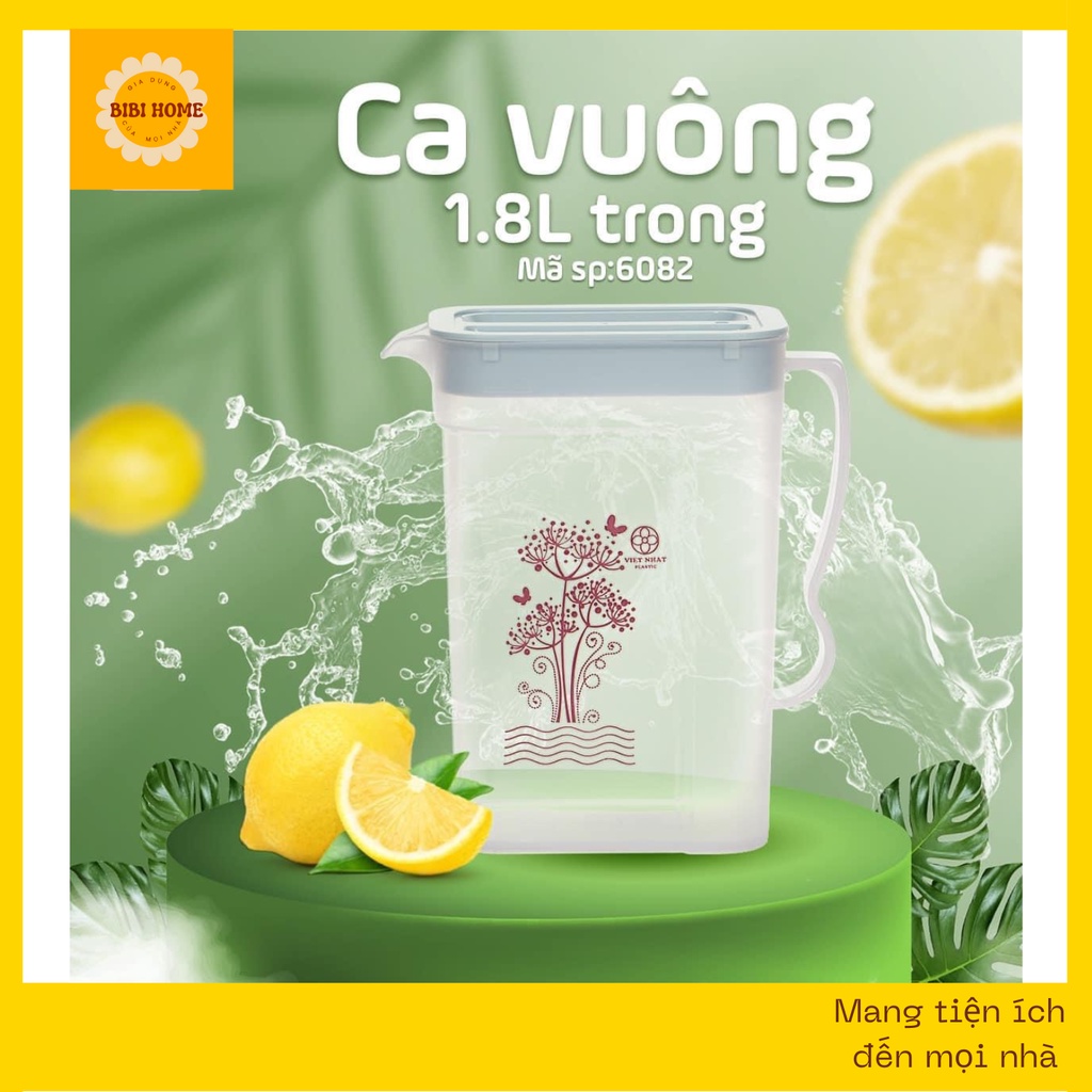 Bình nước vuông dung tích 1,8 lít nhựa cao cấp Việt nhật, Ca nhựa đựng nước, đồ uống gia đình