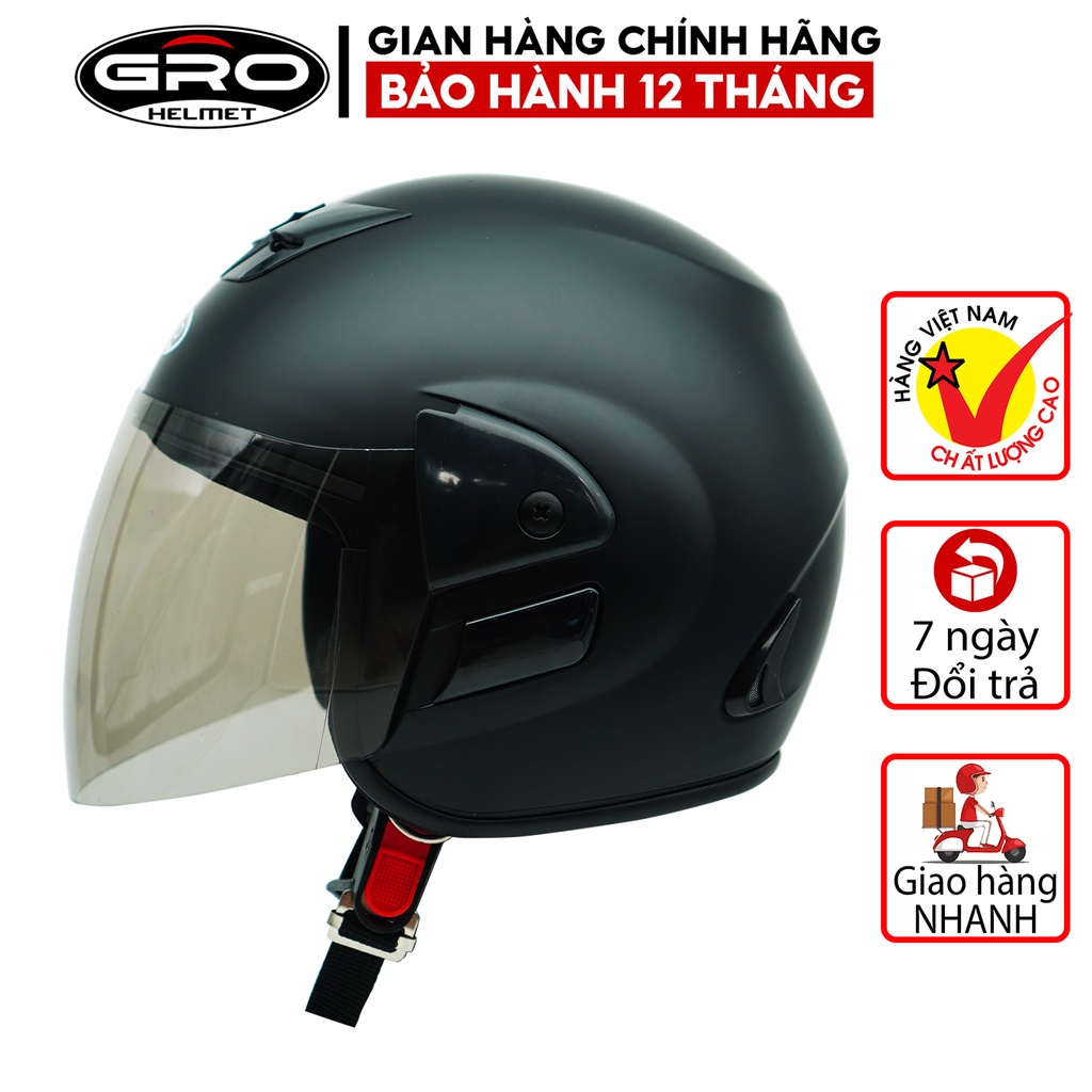 Mũ Bảo Hiểm 3/4 đầu Gro V2 có kính dài, kiểu dáng Honda trẻ trung cho nam và nữ, khóa kim loại chắc chắn - Đen Nhám
