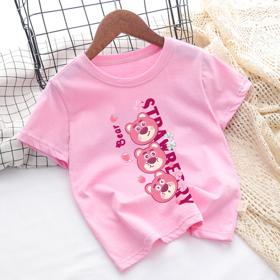 Áo Thun Màu Hồng In Hình Gấu Lotso Gấu Dâu cực đáng yêu cho bé