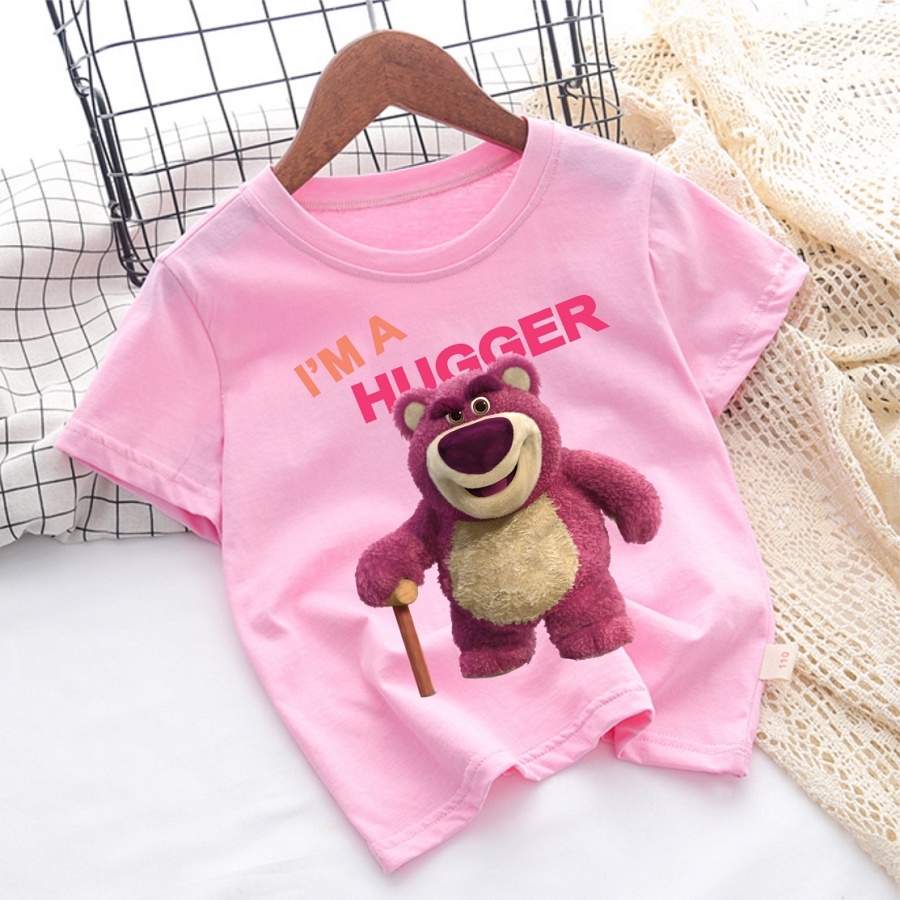 Áo Thun Màu Hồng In Hình Gấu Lotso Gấu Dâu cực đáng yêu cho bé
