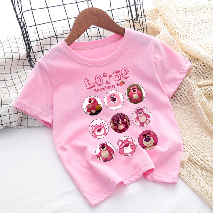 Áo Thun Màu Hồng In Hình Gấu Lotso Gấu Dâu cực đáng yêu cho bé