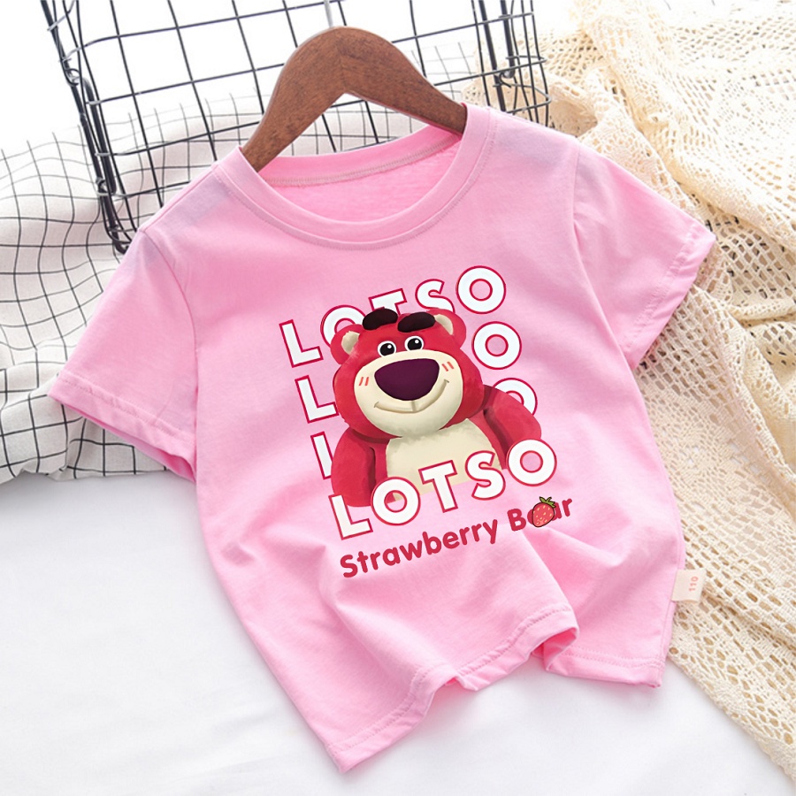 Áo Thun Màu Hồng In Hình Gấu Lotso Gấu Dâu cực đáng yêu cho bé