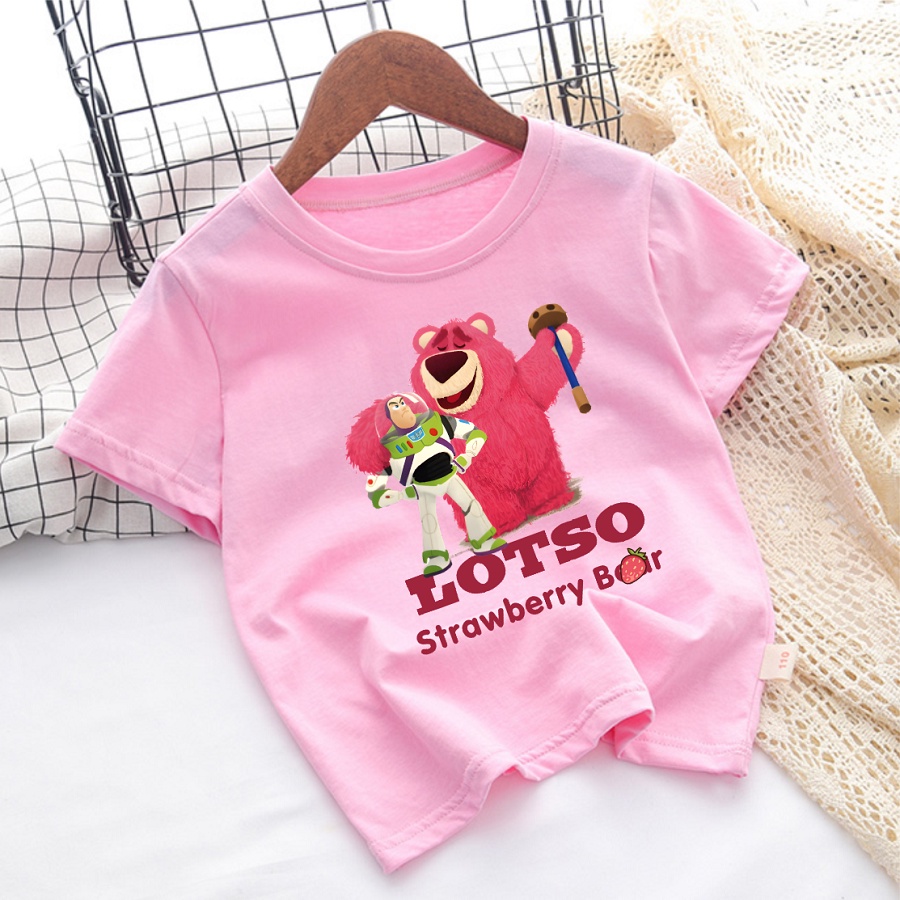 Áo Thun Màu Hồng In Hình Gấu Lotso Gấu Dâu cực đáng yêu cho bé